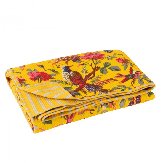 J-Line J Line Jolipa Couverture Oiseaux Fleurs Velours De Coton Jaune.