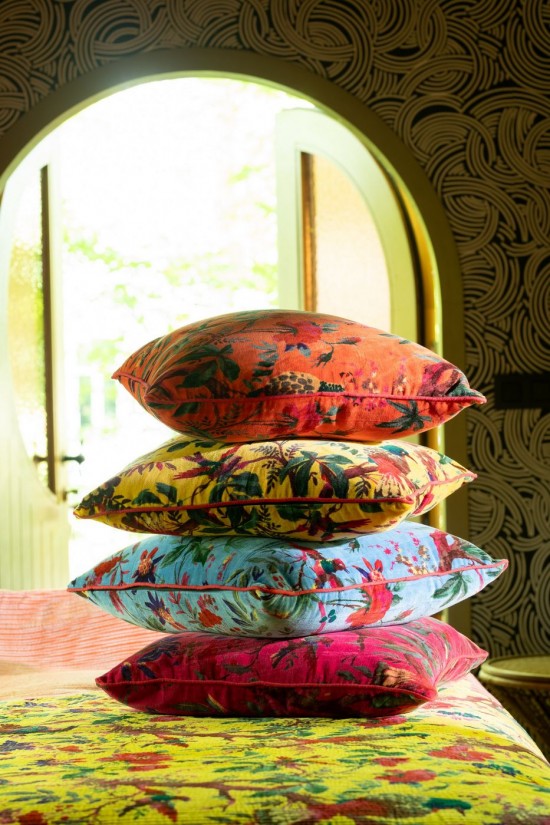 Jolipa Coussin Oiseaux Fleurs Velours De Coton Orange.