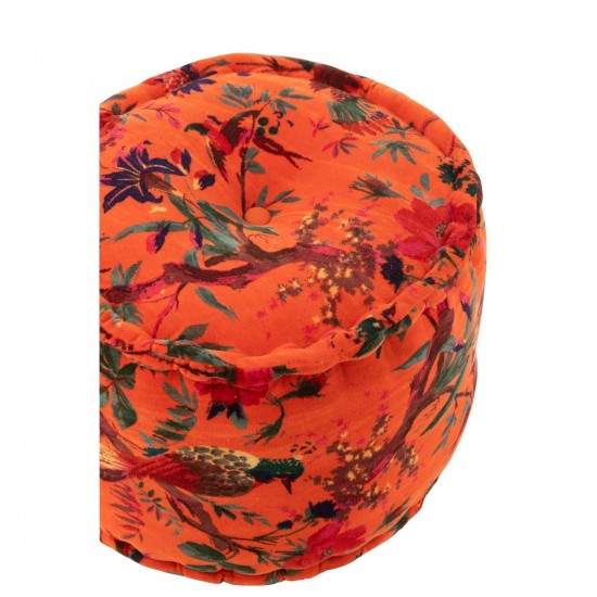 J-Line J Line poufs Jolipa Pouf Rond Oiseaux Fleurs Velours De Coton Orange.
