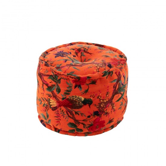 J Line Pouf Rond Oiseaux Fleurs Velours De Coton Orange L40xB40xH30 cm JLine 51970 by Jolipa 51970.