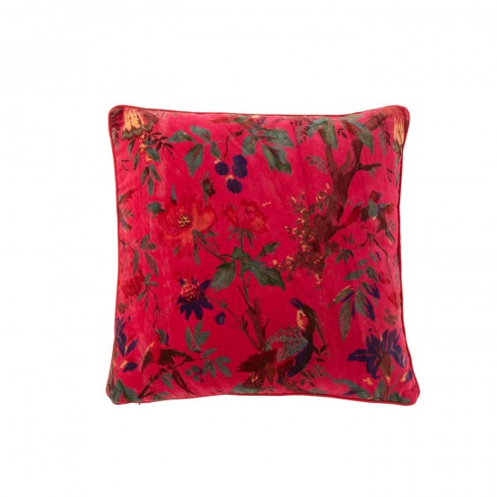 J Line Coussin Oiseaux Fleurs Velours De Coton Rose L45xB45xH15 cm JLine 51974 by Jolipa 51974.