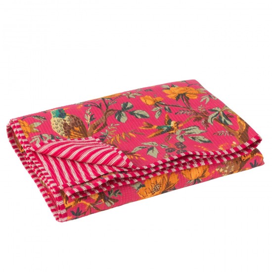 J-Line J Line Jolipa Couverture Oiseaux Fleurs Velours De Coton Rose.