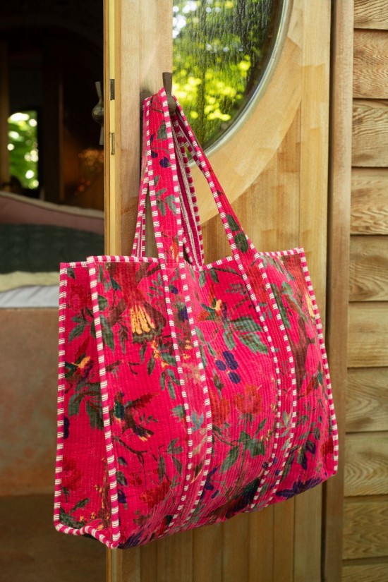 Jolipa Sac Oiseaux Fleurs Velours De Coton Rose.