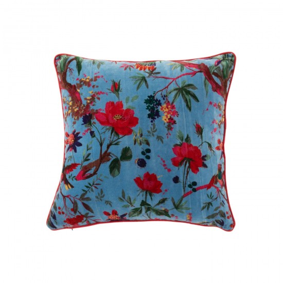 J Line Coussin Oiseaux Fleurs Velours De Coton Bleu L45xB45xH15 cm JLine 51979 by Jolipa 51979.