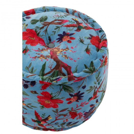 J-Line J Line poufs Jolipa Pouf Rond Oiseaux Fleurs Velours De Coton Bleu.