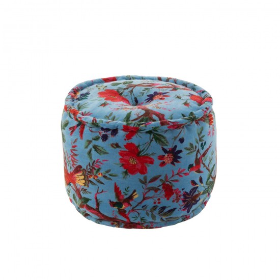 J Line Pouf Rond Oiseaux Fleurs Velours De Coton Bleu L40xB40xH30 cm JLine 51980 by Jolipa 51980.