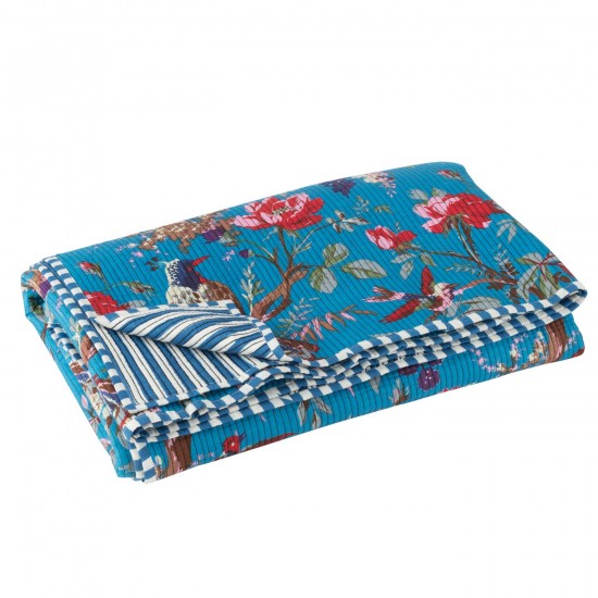 J-Line J Line Jolipa Couverture Oiseaux Fleurs Velours De Coton Bleu.