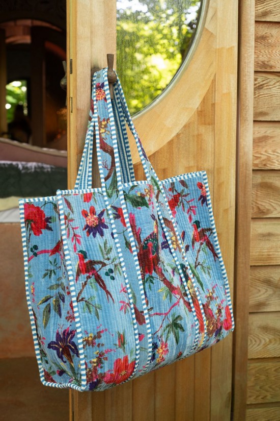 Jolipa Sac Oiseaux Fleurs Velours De Coton Bleu.