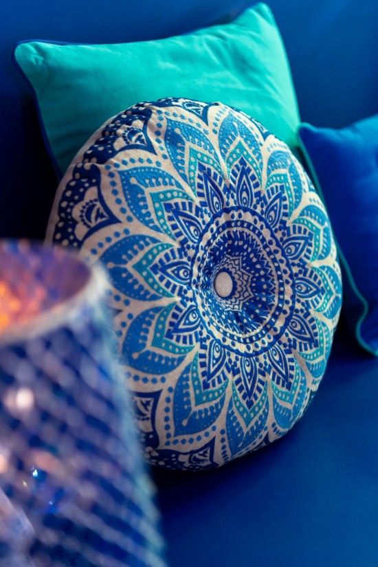 J-Line J Line poufs Coussin De Sol Rond Fleur Coton Turquoise Bleu Assortiment De 2.