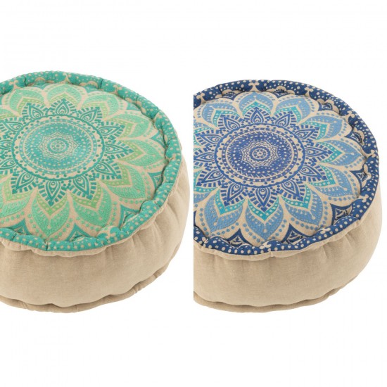 J-Line J Line poufs Jolipa Pouf Rond Fleur Coton Turquoise Bleu Assortiment De 2.