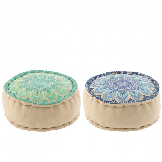 J Line Pouf Rond Fleur Coton Turquoise Bleu L40xB40xH20 cm JLine 51985 by Jolipa 51985 Assortiment de 2 pcs.