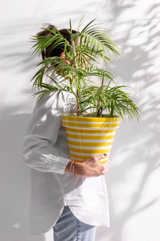 Jolipa Flowerpot Plate Granada Stripes Handmade Painted Ceramic Yellow Medium.