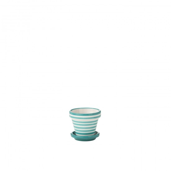 J Line Flowerpot+Plate Granada Stripes Handmade+Painted Ceramic Aqua Extra Small L17xB17xH15 cm JLine 52050 by Jolipa 52050.