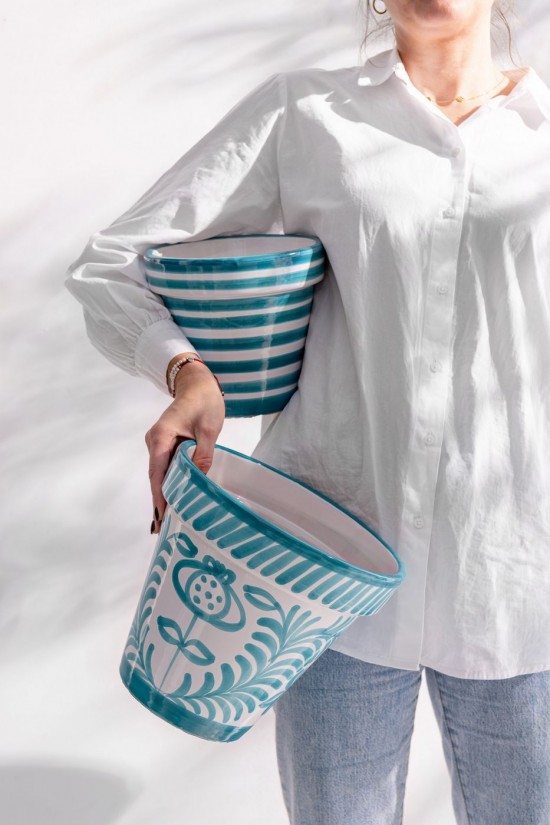 Jolipa Flowerpot Plate Granada Stripes Handmade Painted Ceramic Aqua Small.