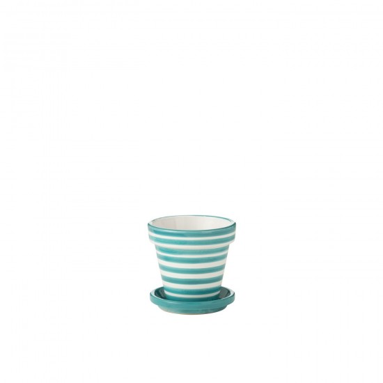 J Line Flowerpot+Plate Granada Stripes Handmade+Painted Ceramic Aqua Small L21xB21xH19 cm JLine 52051 by Jolipa 52051.
