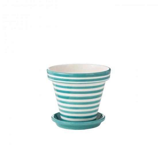 J Line Flowerpot+Plate Granada Stripes Handmade+Painted Ceramic Aqua Large L35xB35xH33 cm JLine 52053 by Jolipa 52053.