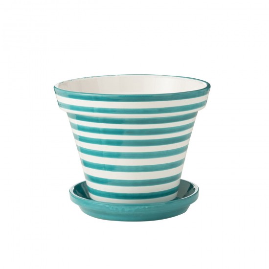 J Line Flowerpot+Plate Granada Stripes Handmade+Painted Ceramic Aqua Extra Large L50xB50xH40 cm JLine 52054 by Jolipa 52054.