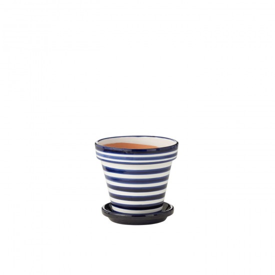 J Line Flowerpot+Plate Granada Stripes Handmade+Painted Ceramic Cobalto Blue Medium L27xB27xH25 cm JLine 52057 by Jolipa 52057.