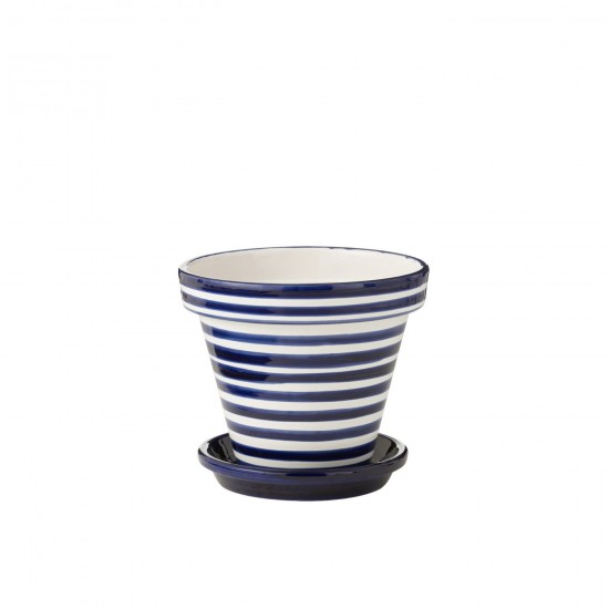 J Line Flowerpot+Plate Granada Stripes Handmade+Painted Ceramic Cobalto Blue Large L35xB35xH33 cm JLine 52058 by Jolipa 52058.