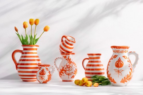 Jolipa Pitcher Granada Stripes Ceramic White Orange Small.