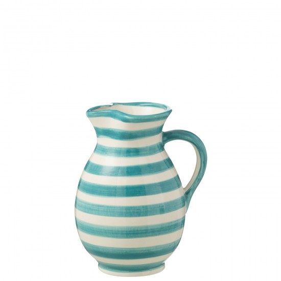 J Line Pitcher Granada Stripes Ceramic White Aqua Medium L17xB17xH21 cm JLine 52209 by Jolipa 52209.