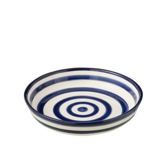J Line Bowl Granada Stripes Low Ceramic White Cobalto Blue Large L25xB25xH6 cm JLine 52216 by Jolipa 52216.