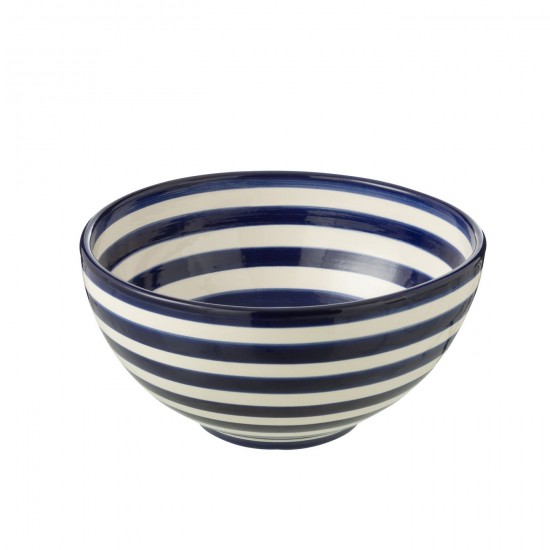 J Line Bowl Granada Stripes High Ceramic White Cobalto Blue Large L28xB28xH14 cm JLine 52219 by Jolipa 52219.