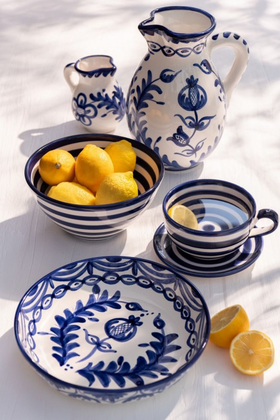 Jolipa Cup Plate Granada Stripes Ceramic White Cobalto Blue.