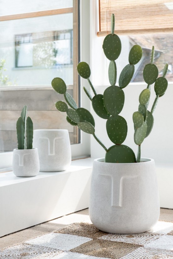 Jolipa Set De 3 Cachepots Moai Argile Blanc.