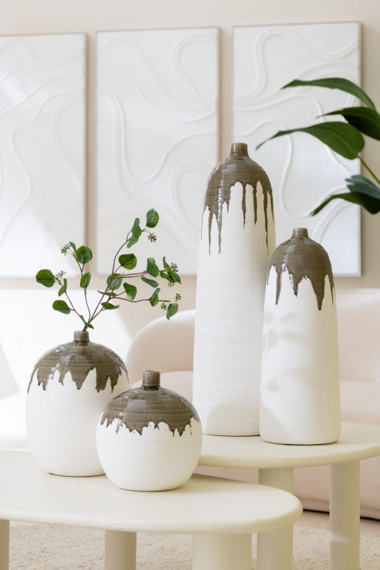 Jolipa Vase Olea Bouteille Rond Vert Olivie Blanc.