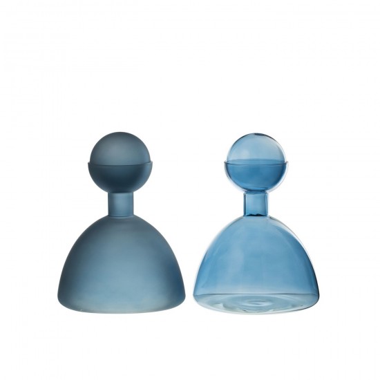 J Line Vase Bouteille+Bouchon Rond Verre Brillant Mat Bleu L15xB15xH20 cm JLine 53443 by Jolipa 53443 Assortiment de 2 pcs.