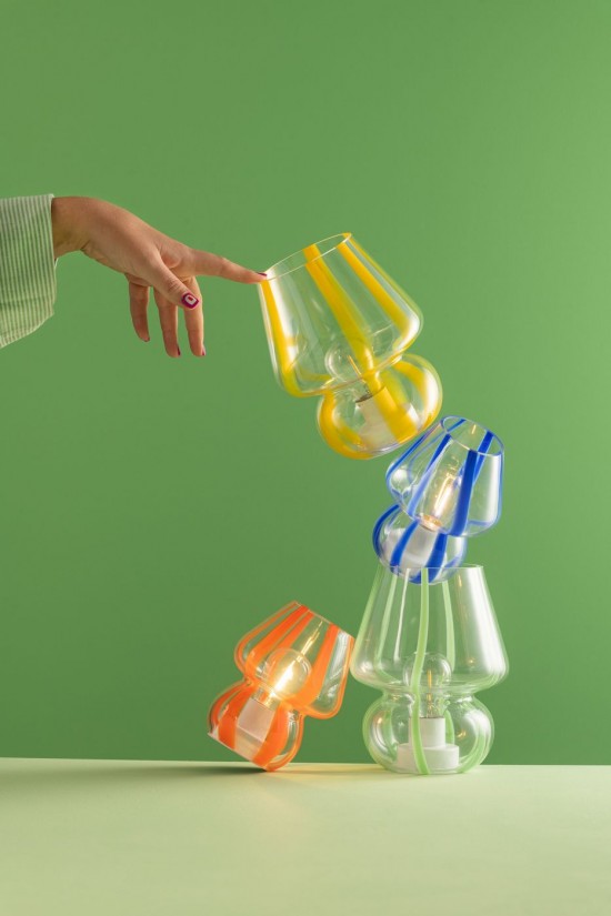 Jolipa Lampe Rayures Verre Transparent Orange Small.