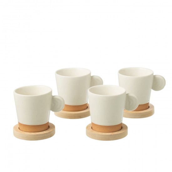 J Line Boite 4 Tasses A Cafe + Base Bambou Ceramique Blanc Naturel L8xB6xH7 cm JLine 53852 by Jolipa 53852.