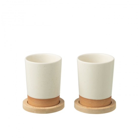 J Line Boite 2 Tasses + Base Bambou Ceramique Blanc Naturel L7xB7xH9 cm JLine 53853 by Jolipa 53853.