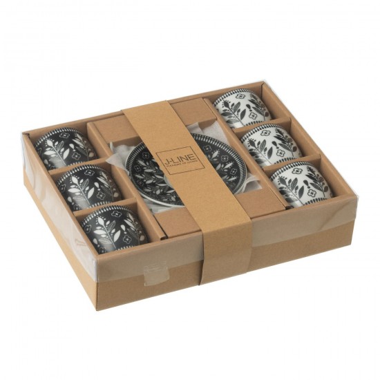J-Line J Line tasses de cafe Jolipa Boite 6 Tasses Sous Tasses Feuilles Ceramique Noir Blanc.