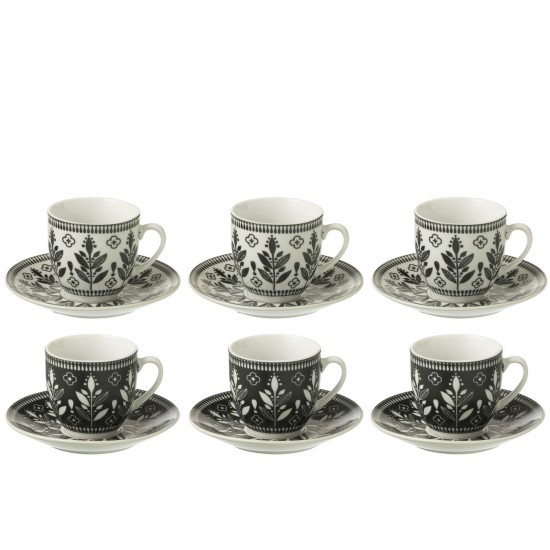 J Line Boite 6 Tasses+Sous Tasses Feuilles Ceramique Noir Blanc L5xB3xH6 cm JLine 53885 by Jolipa 53885.