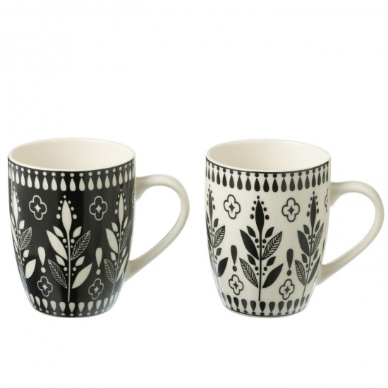 J Line Boite 2 Mugs Feuilles Ceramique Noir Blanc L8xB5xH10 cm JLine 53886 by Jolipa 53886.