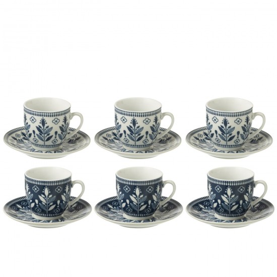 J Line Boite 6 Tasses+Sous Tasses Feuilles Ceramique Bleu Fonce L5xB3xH6 cm JLine 53895 by Jolipa 53895.