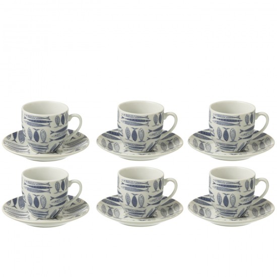 J Line Boite 6 Tasses+Sous Tasses Poisson Ceramique Bleu Fonc L5xB3xH6 cm JLine 53897 by Jolipa 53897.