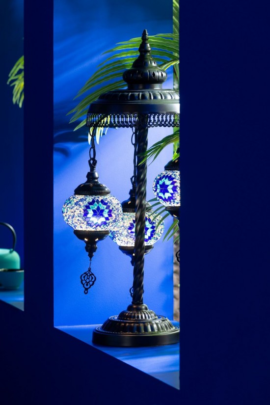 Jolipa Lampe Mosaique 3 Ampoules Verre Metal Bleu.