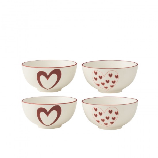 J Line Boite 4 Bols Cœurs Porcelaine Blanc Rouge Small L11xB11xH6 cm JLine 54377 by Jolipa 54377 Assortiment de 2 pcs.