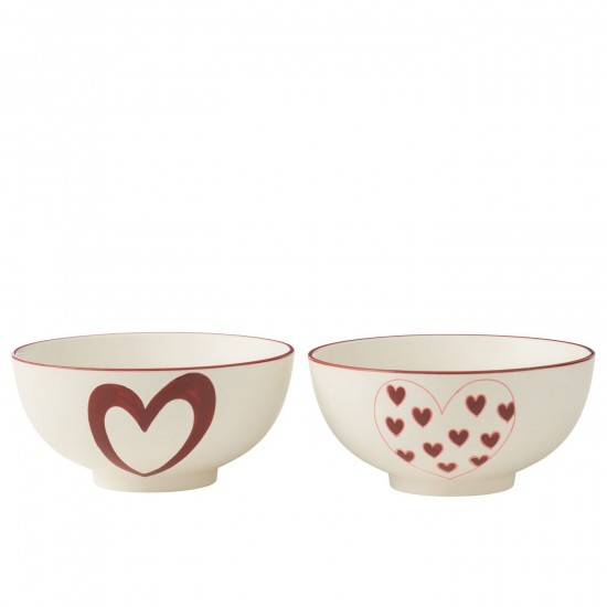 J Line Boite 2 Bols Cœurs Porcelaine Blanc Rouge Large L15xB15xH7 cm JLine 54378 by Jolipa 54378 Assortiment de 2 pcs.