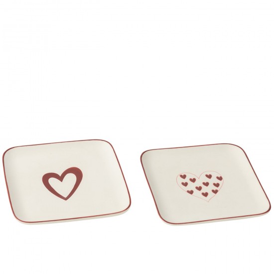 J Line Assiettes Cœurs Porcelaine Blanc Rouge L20xB20xH2 cm JLine 54380 by Jolipa 54380 Assortiment de 2 pcs.
