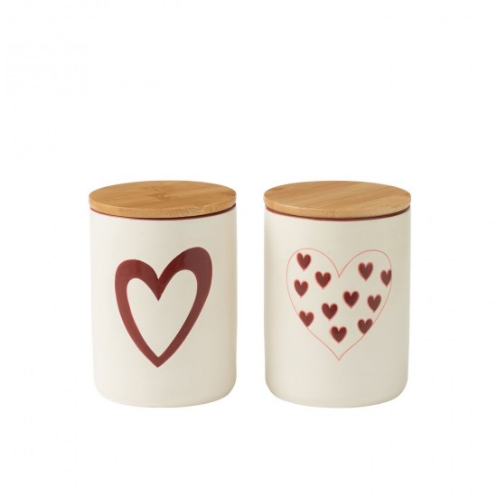J Line Pots Cœurs Porcelaine Blanc Rouge Small L10xB10xH13 cm JLine 54381 by Jolipa 54381 Assortiment de 2 pcs.