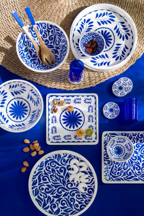 Jolipa Set 4 Sous Verre Motif Floral Bois De Manguier Bleu Blanc.