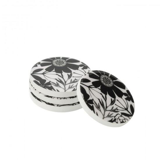 J-Line J Line série de vaisselle Jolipa Set 4 Sous Verre Motif Floral Bois De Manguier Noir Blanc.
