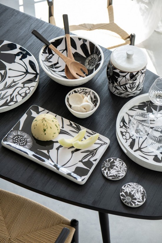 Jolipa Bol Motif Floral Bois De Manguier Noir Blanc Large.