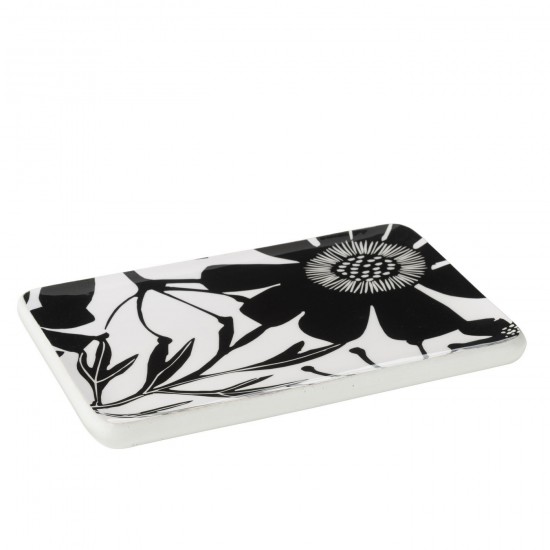 J Line Plat Rectangulaire Motif Floral Bois De Manguier Noir Blanc L40xB25xH3 cm JLine 54794 by Jolipa 54794.