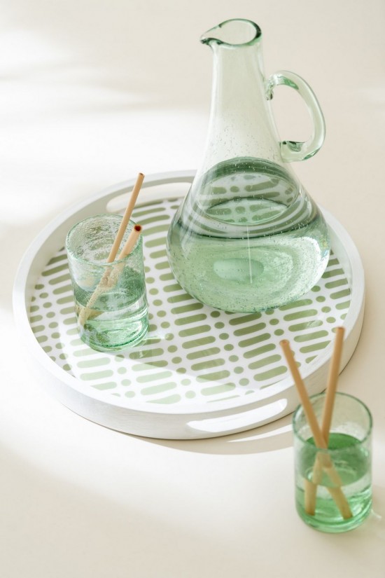 Jolipa Plateau Rond Avec Des Poignées Motif Floral Bois De Manguier Vert Blanc.