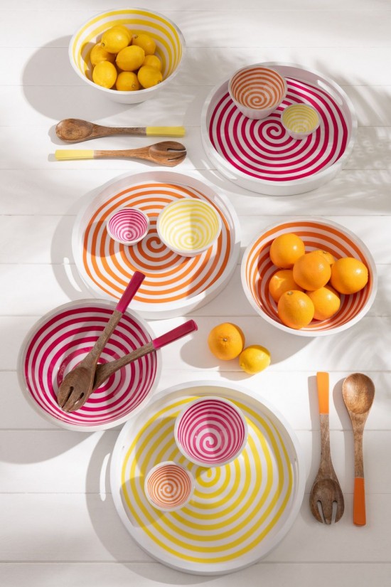 Jolipa Plateau Rond Bois De Manguier Rose Orange Jaune Assortiment De 3.